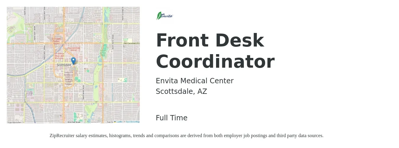 Envita Medical Center job posting for a Front Desk Coordinator in Scottsdale, AZ with a salary of $18 Hourly with a map of Scottsdale location.
