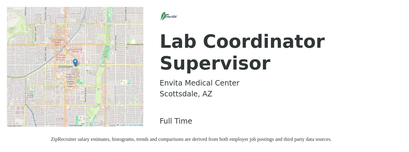 Envita Medical Center job posting for a Lab Coordinator Supervisor in Scottsdale, AZ with a salary of $22 to $34 Hourly with a map of Scottsdale location.
