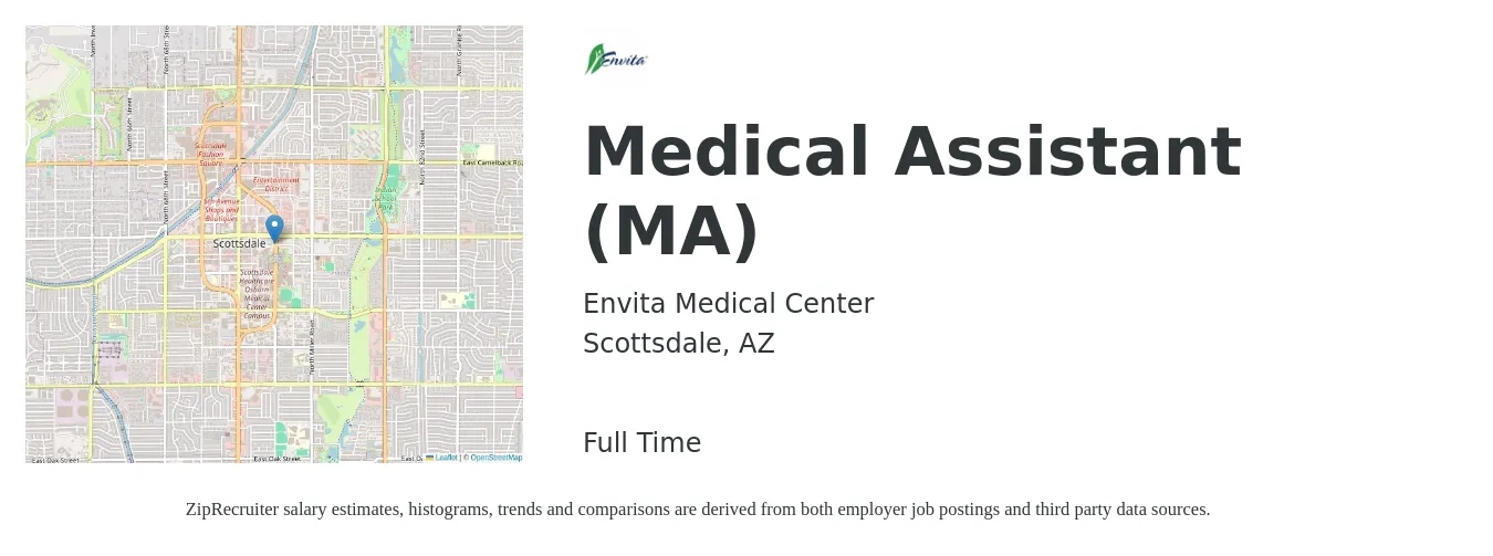 Envita Medical Center job posting for a Medical Assistant (MA) in Scottsdale, AZ with a salary of $19 to $22 Hourly with a map of Scottsdale location.