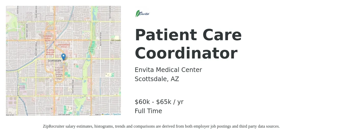 Envita Medical Center job posting for a Patient Care Coordinator in Scottsdale, AZ with a salary of $60,000 to $65,000 Yearly with a map of Scottsdale location.