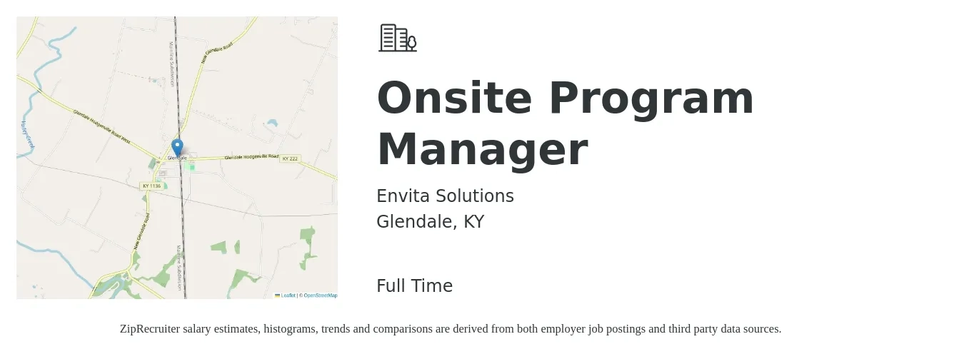 Envita Solutions job posting for a Onsite Program Manager in Glendale, KY with a salary of $73,000 to $121,600 Yearly with a map of Glendale location.