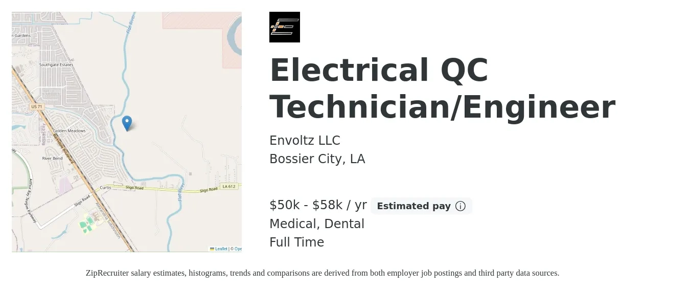 Envoltz LLC job posting for a Electrical QC Technician/Engineer in Bossier City, LA with a salary of $50,000 to $58,000 Yearly and benefits including dental, medical, pto, and retirement with a map of Bossier City location.