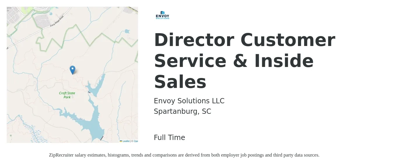 Envoy Solutions LLC job posting for a Director Customer Service & Inside Sales in Spartanburg, SC with a salary of $15 to $24 Hourly with a map of Spartanburg location.