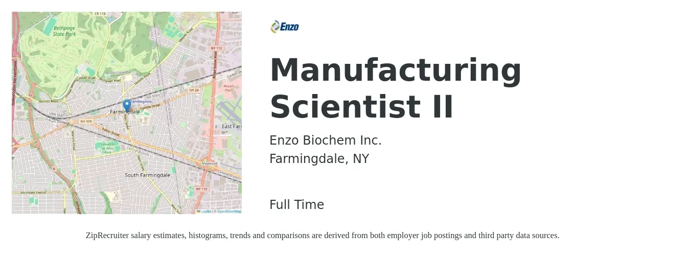Enzo Biochem Inc. job posting for a Manufacturing Scientist II in Farmingdale, NY with a salary of $61,700 to $124,500 Yearly with a map of Farmingdale location.