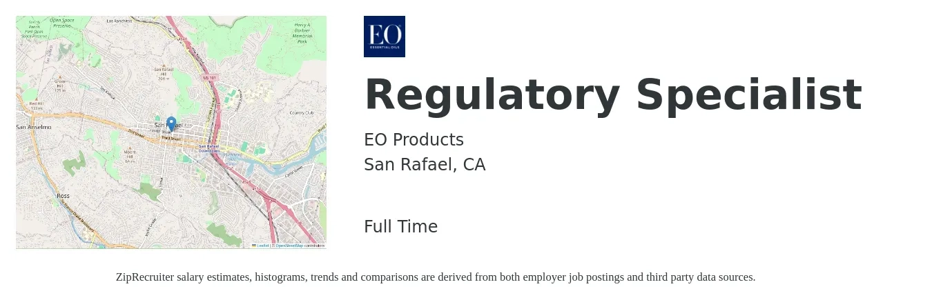 EO Products job posting for a Regulatory Specialist in San Rafael, CA with a salary of $59,100 to $109,800 Yearly with a map of San Rafael location.