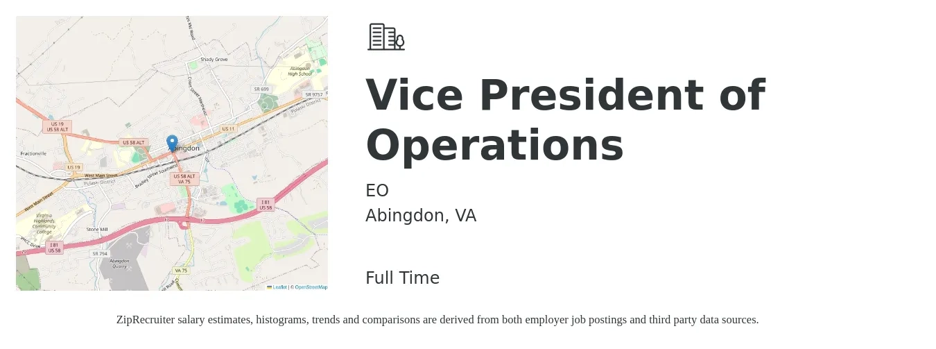 EO job posting for a Vice President of Operations in Abingdon, VA with a salary of $100,000 Yearly with a map of Abingdon location.