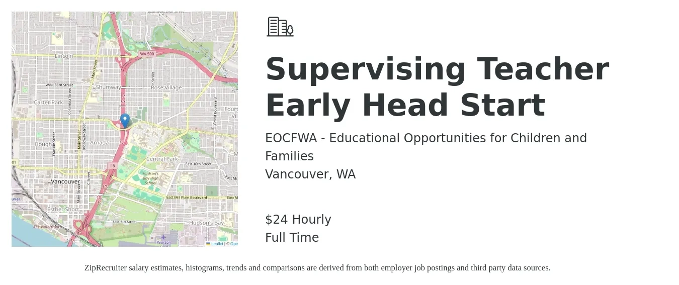 EOCFWA - Educational Opportunities for Children and Families job posting for a Supervising Teacher Early Head Start in Vancouver, WA with a salary of $25 Hourly with a map of Vancouver location.