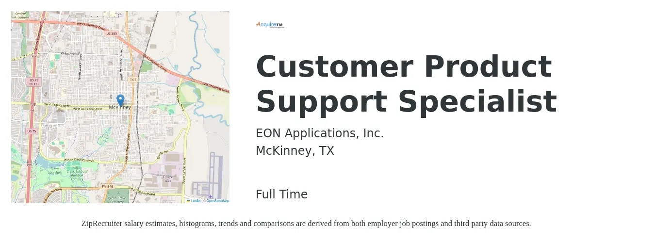 EON Applications, Inc. job posting for a Customer Product Support Specialist in McKinney, TX with a salary of $19 to $29 Hourly with a map of McKinney location.