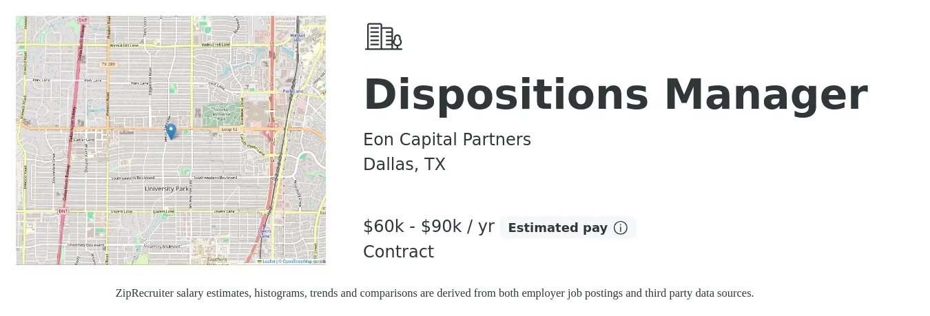 Eon Capital Partners job posting for a Dispositions Manager in Dallas, TX with a salary of $60,000 to $90,000 Yearly with a map of Dallas location.