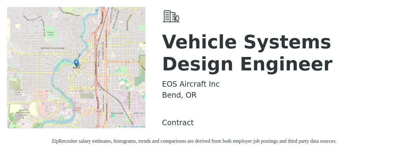 EOS Aircraft Inc job posting for a Vehicle Systems Design Engineer in Bend, OR with a salary of $105,500 to $144,500 Yearly with a map of Bend location.
