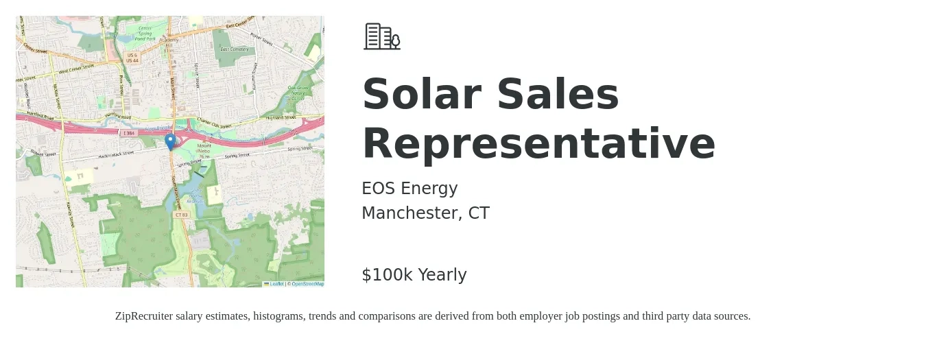 EOS Energy job posting for a Solar Sales Representative in Manchester, CT with a salary of $70,000 to $100,000 Yearly with a map of Manchester location.
