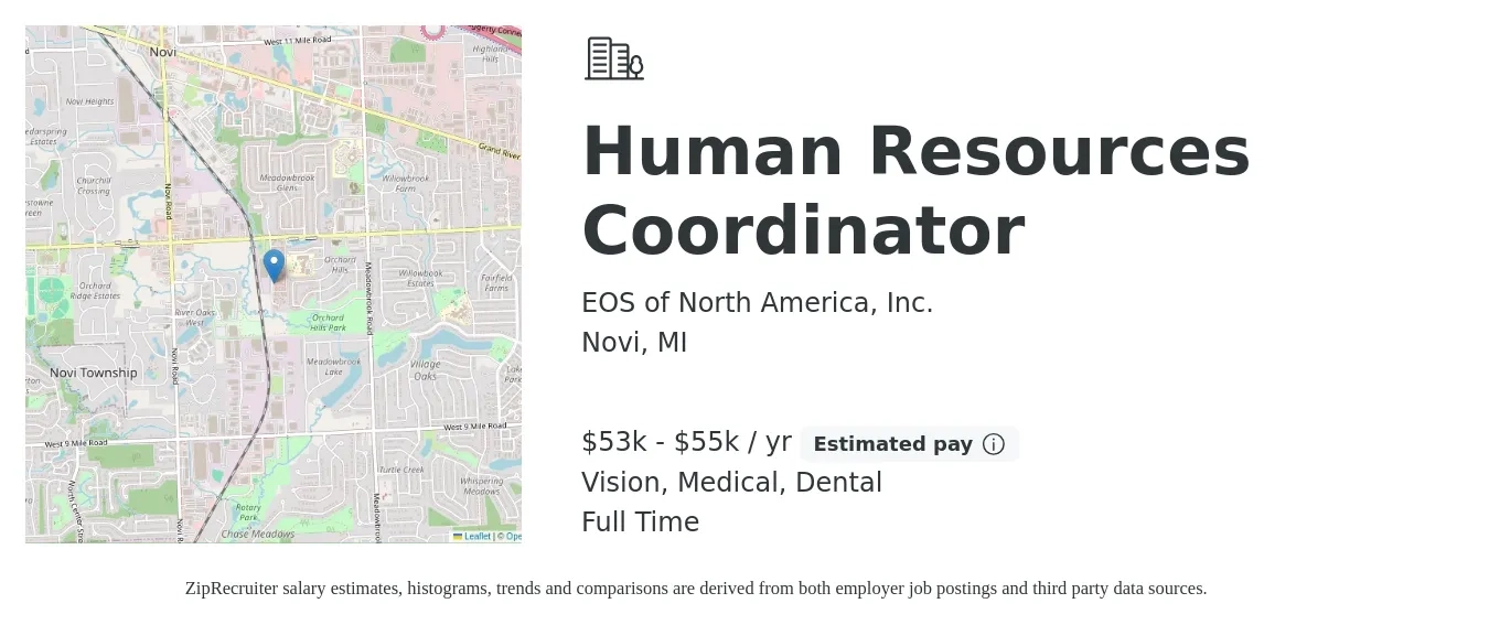 EOS of North America, Inc. job posting for a Human Resources Coordinator in Novi, MI with a salary of $53,000 to $55,500 Yearly and benefits including dental, life_insurance, medical, retirement, and vision with a map of Novi location.
