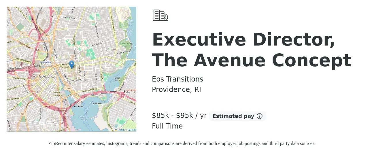 Eos Transitions job posting for a Executive Director, The Avenue Concept in Providence, RI with a salary of $85,000 to $95,000 Yearly with a map of Providence location.