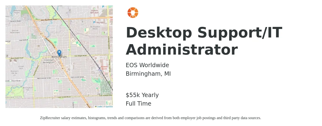 EOS Worldwide job posting for a Desktop Support/IT Administrator in Birmingham, MI with a salary of $55,000 Yearly with a map of Birmingham location.