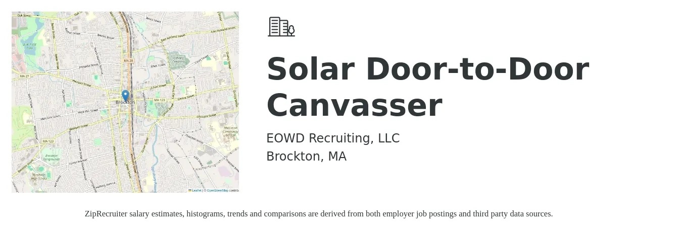 EOWD Recruiting, LLC job posting for a Solar Door-to-Door Canvasser in Brockton, MA with a salary of $2,500 to $15,000 Monthly with a map of Brockton location.