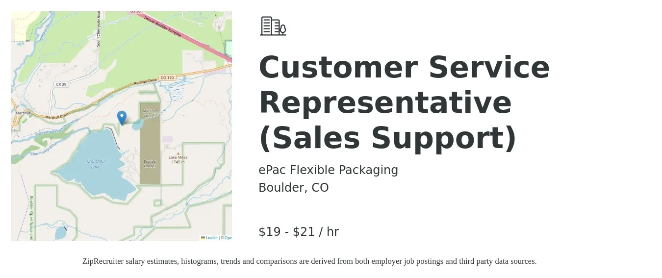 ePac Flexible Packaging job posting for a Customer Service Representative (Sales Support) in Boulder, CO with a salary of $20 to $22 Hourly with a map of Boulder location.