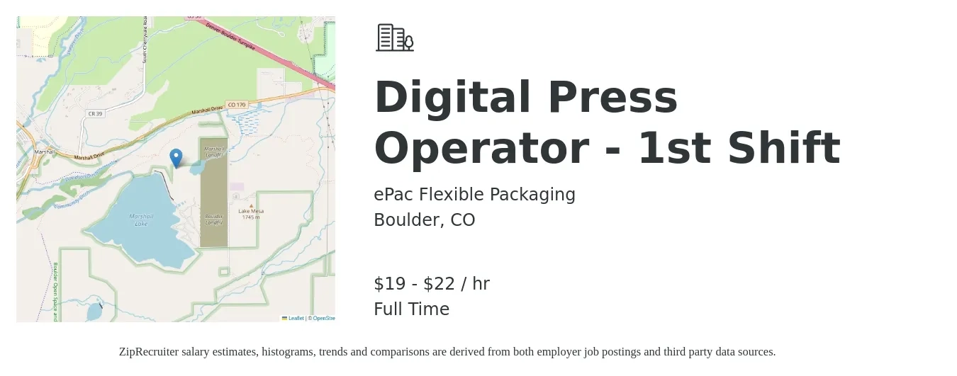 ePac Flexible Packaging job posting for a Digital Press Operator - 1st Shift in Boulder, CO with a salary of $20 to $23 Hourly with a map of Boulder location.