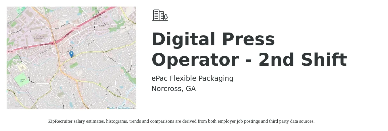 ePac Flexible Packaging job posting for a Digital Press Operator - 2nd Shift in Norcross, GA with a salary of $17 to $22 Hourly with a map of Norcross location.