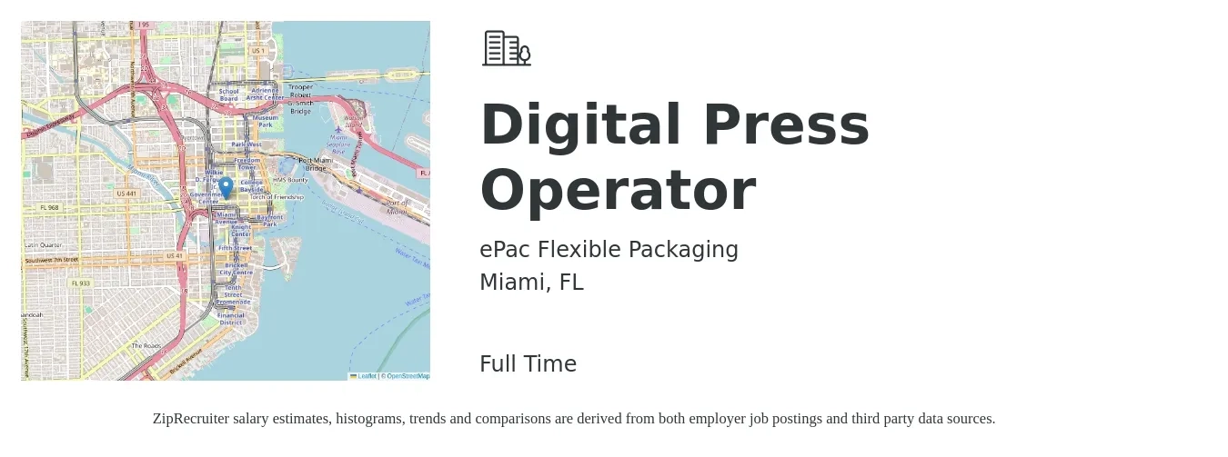 ePac Flexible Packaging job posting for a Digital Press Operator in Miami, FL with a salary of $18 to $22 Hourly with a map of Miami location.