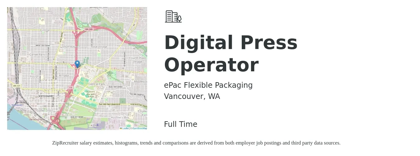 ePac Flexible Packaging job posting for a Digital Press Operator in Vancouver, WA with a salary of $20 to $23 Hourly with a map of Vancouver location.