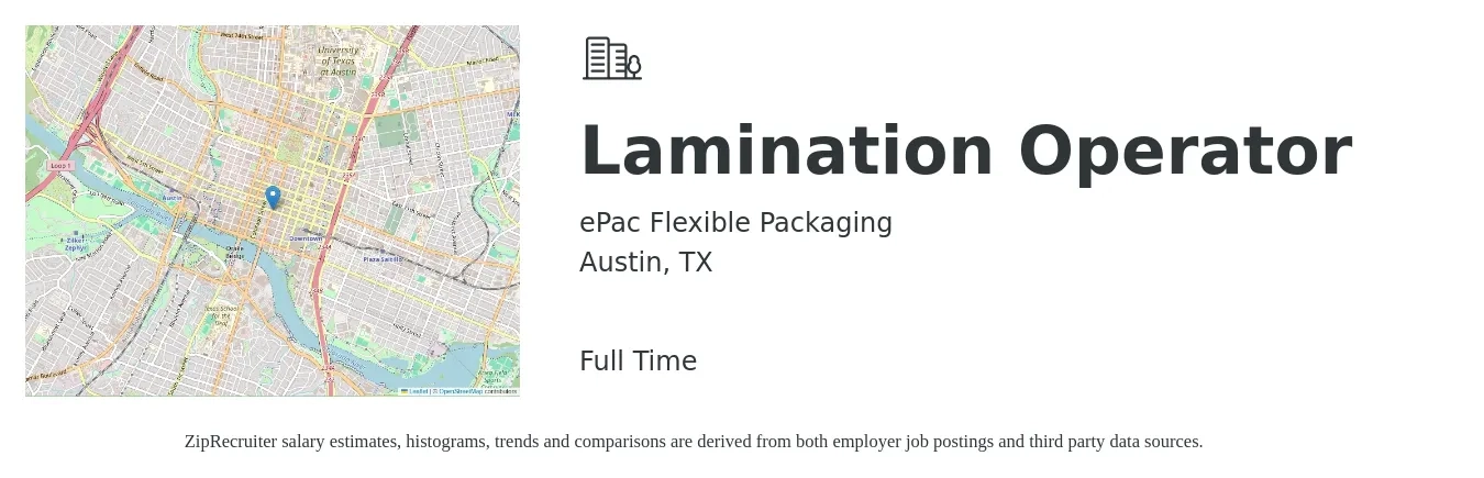 ePac Flexible Packaging job posting for a Lamination Operator in Austin, TX with a salary of $16 to $22 Hourly with a map of Austin location.
