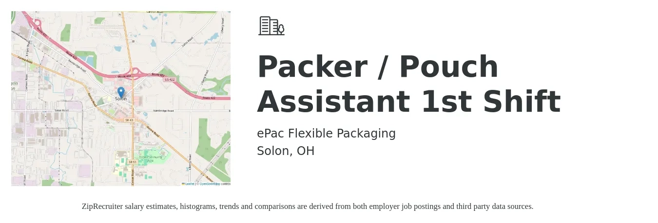 ePac Flexible Packaging job posting for a Packer / Pouch Assistant 1st Shift in Solon, OH with a salary of $14 to $17 Hourly with a map of Solon location.