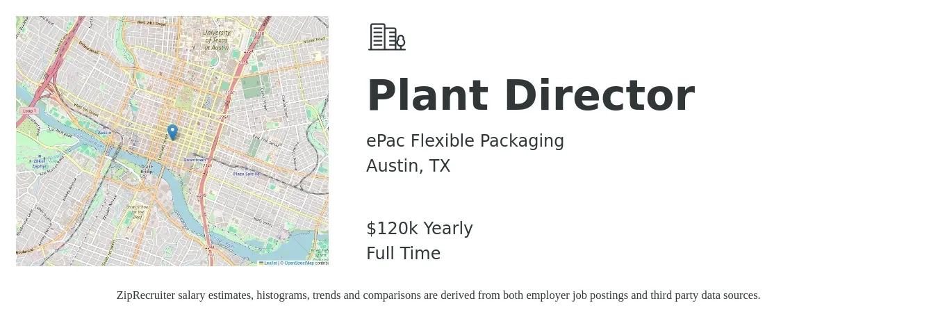 ePac Flexible Packaging job posting for a Plant Director in Austin, TX with a salary of $120,000 Yearly with a map of Austin location.