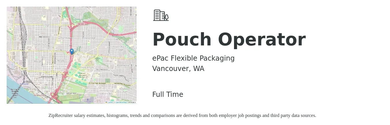 ePac Flexible Packaging job posting for a Pouch Operator in Vancouver, WA with a salary of $18 to $23 Hourly with a map of Vancouver location.