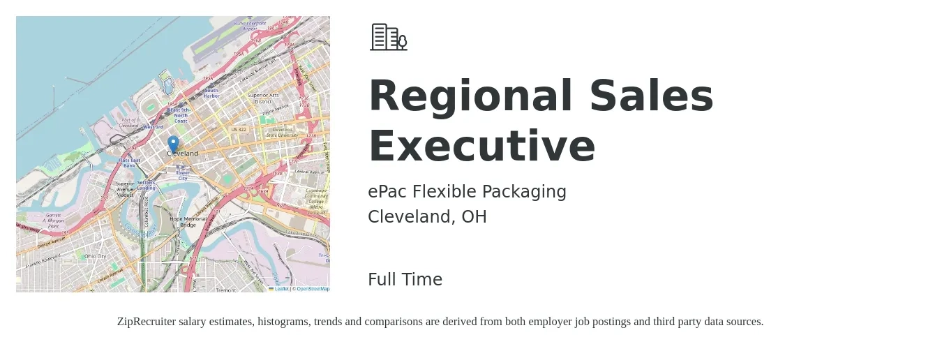 ePac Flexible Packaging job posting for a Regional Sales Executive in Cleveland, OH with a salary of $63,000 to $117,800 Yearly with a map of Cleveland location.