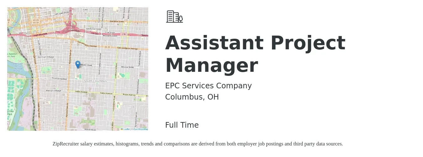 EPC Services Company job posting for a Assistant Project Manager in Columbus, OH with a salary of $50,900 to $83,800 Yearly with a map of Columbus location.