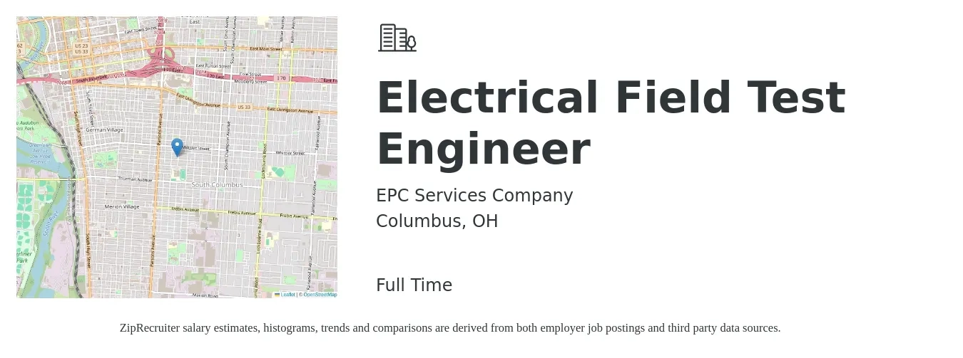 EPC Services Company job posting for a Electrical Field Test Engineer in Columbus, OH with a salary of $38 to $56 Hourly with a map of Columbus location.