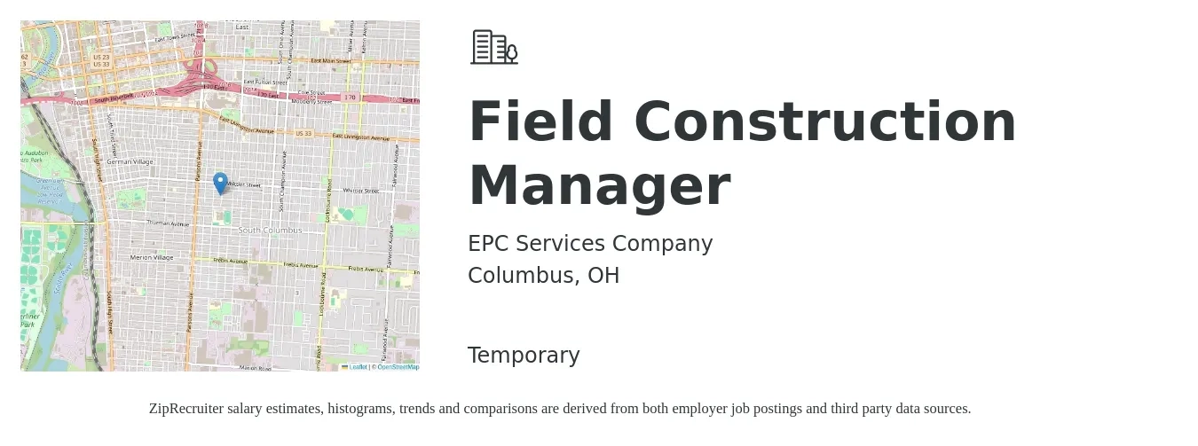EPC Services Company job posting for a Field Construction Manager in Columbus, OH with a salary of $57,100 to $90,000 Yearly with a map of Columbus location.