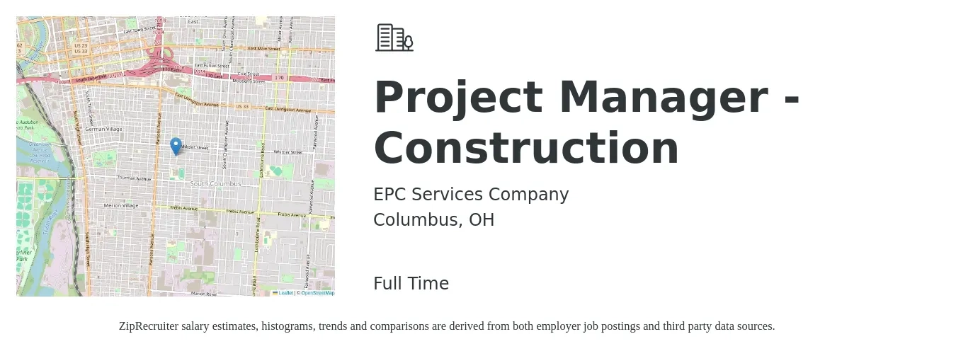 EPC Services Company job posting for a Project Manager - Construction in Columbus, OH with a salary of $71,400 to $113,300 Yearly with a map of Columbus location.