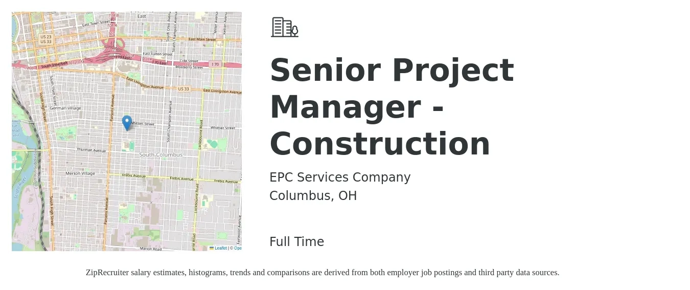 EPC Services Company job posting for a Senior Project Manager - Construction in Columbus, OH with a salary of $98,500 to $139,000 Yearly with a map of Columbus location.