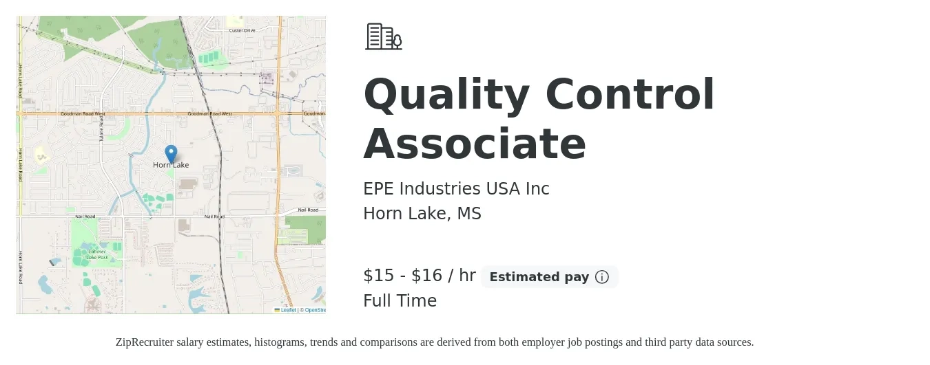 EPE Industries USA Inc job posting for a Quality Control Associate in Horn Lake, MS with a salary of $16 to $18 Hourly with a map of Horn Lake location.