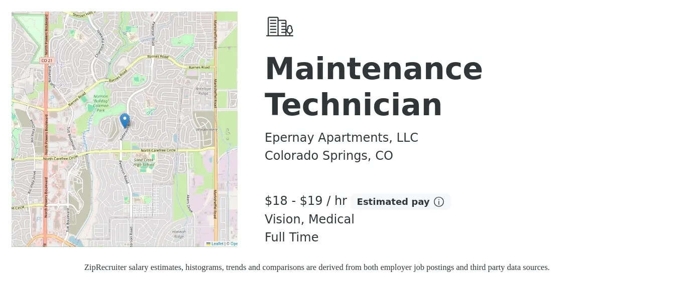 Epernay Apartments, LLC job posting for a Maintenance Technician in Colorado Springs, CO with a salary of $19 to $20 Hourly (plus commission) and benefits including vision, medical, and retirement with a map of Colorado Springs location.