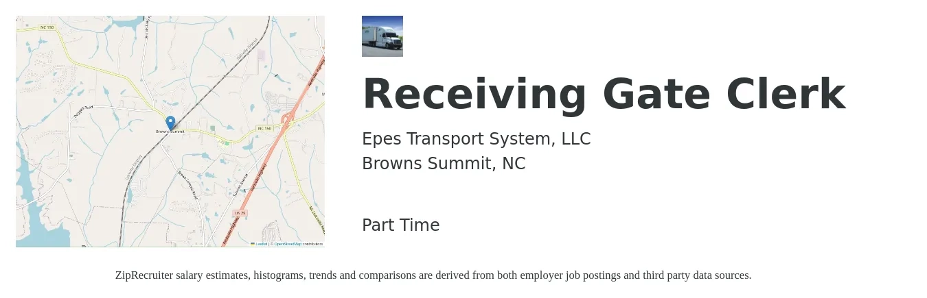 Epes Transport System, LLC job posting for a Receiving Gate Clerk in Browns Summit, NC with a salary of $14 to $17 Hourly with a map of Browns Summit location.