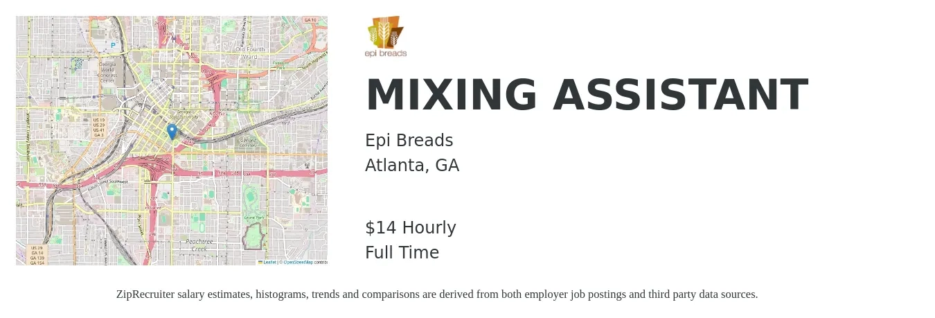 Epi Breads job posting for a MIXING ASSISTANT in Atlanta, GA with a salary of $16 Hourly with a map of Atlanta location.