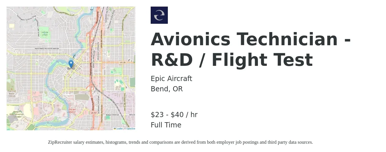 Epic Aircraft job posting for a Avionics Technician - R&D / Flight Test in Bend, OR with a salary of $24 to $42 Hourly with a map of Bend location.