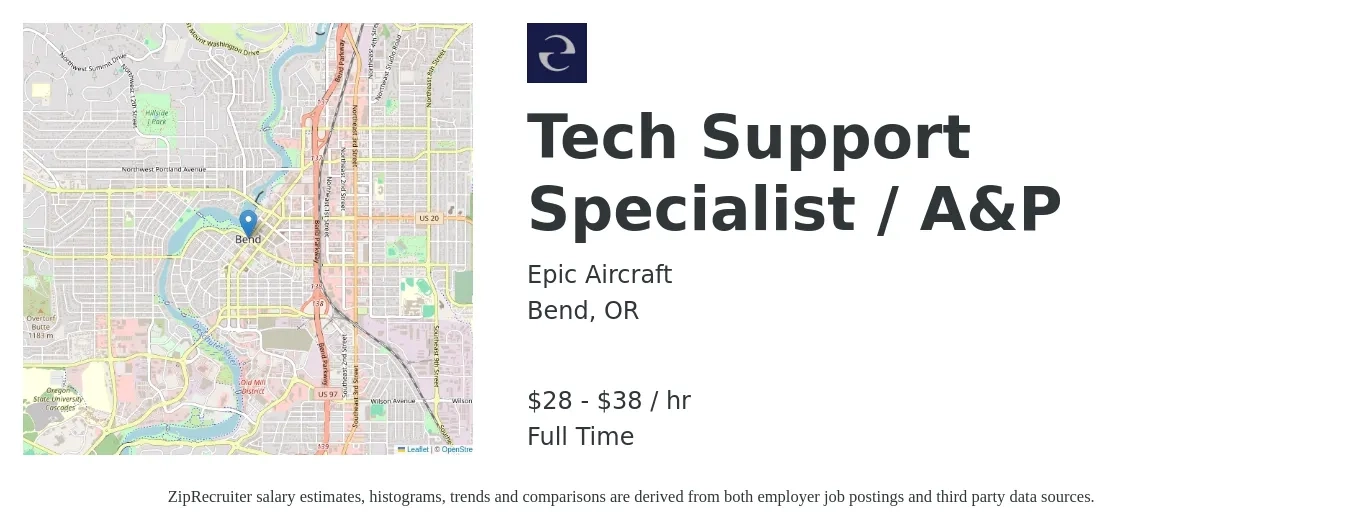 Epic Aircraft job posting for a Tech Support Specialist / A&P in Bend, OR with a salary of $30 to $40 Hourly with a map of Bend location.