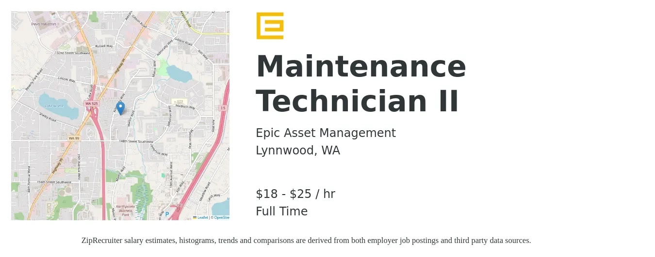Epic Asset Management job posting for a Maintenance Technician II in Lynnwood, WA with a salary of $19 to $27 Hourly with a map of Lynnwood location.