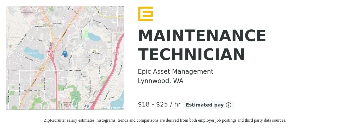 Epic Asset Management job posting for a MAINTENANCE TECHNICIAN in Lynnwood, WA with a salary of $19 to $27 Hourly with a map of Lynnwood location.