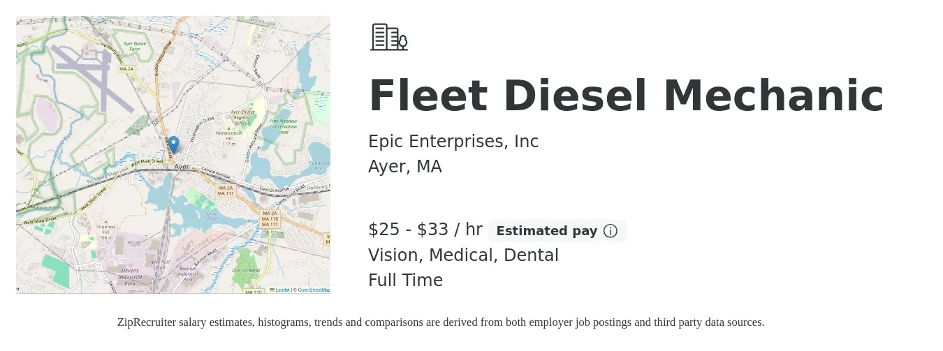 Epic Enterprises, Inc job posting for a Fleet Diesel Mechanic in Ayer, MA with a salary of $26 to $35 Hourly and benefits including dental, life_insurance, medical, pto, retirement, and vision with a map of Ayer location.