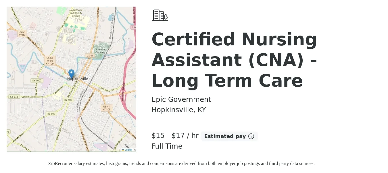 Epic Government job posting for a Certified Nursing Assistant (CNA) - Long Term Care in Hopkinsville, KY with a salary of $16 to $18 Hourly with a map of Hopkinsville location.