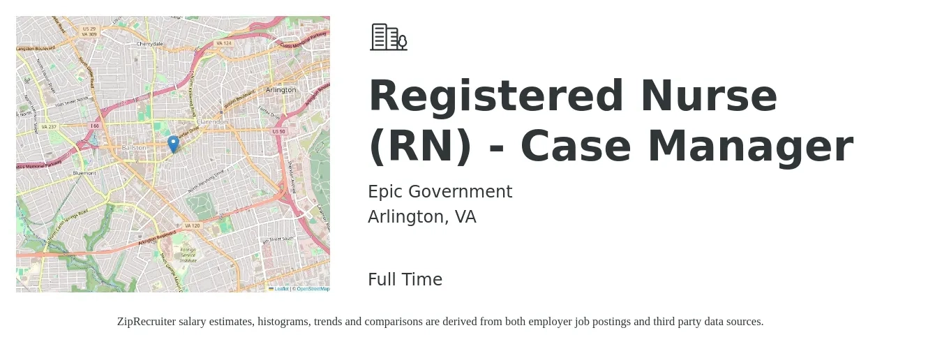 Epic Government job posting for a Registered Nurse (RN) - Case Manager in Arlington, VA with a salary of $42 to $69 Hourly with a map of Arlington location.