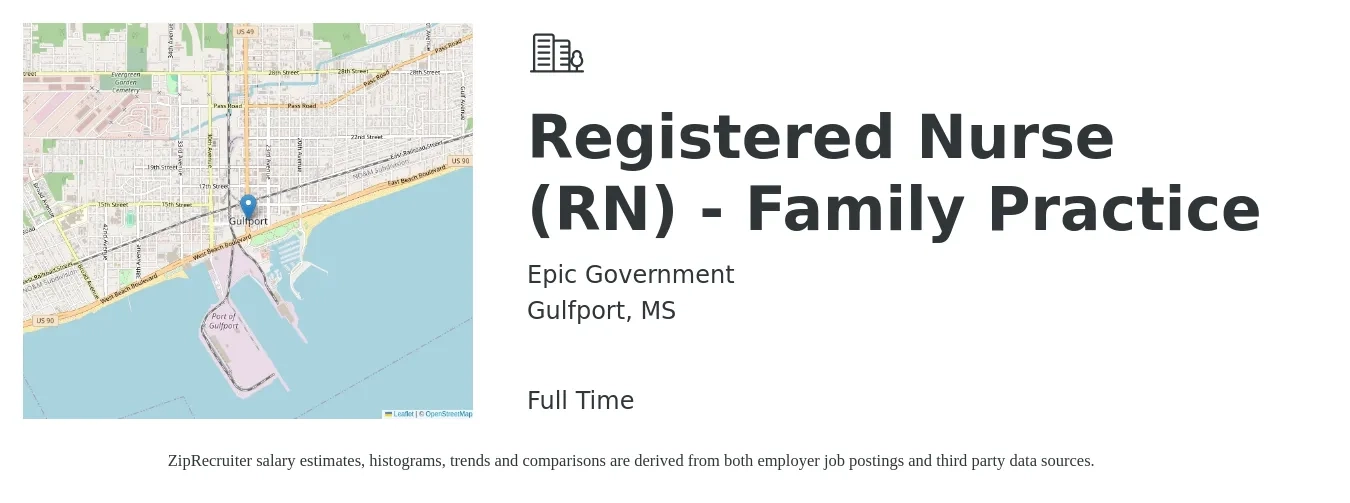 Epic Government job posting for a Registered Nurse (RN) - Family Practice in Gulfport, MS with a salary of $35 to $54 Hourly with a map of Gulfport location.