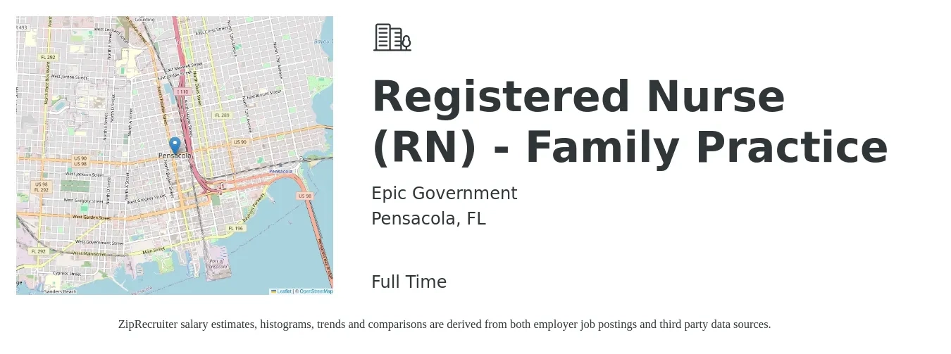 Epic Government job posting for a Registered Nurse (RN) - Family Practice in Pensacola, FL with a salary of $32 to $50 Hourly with a map of Pensacola location.