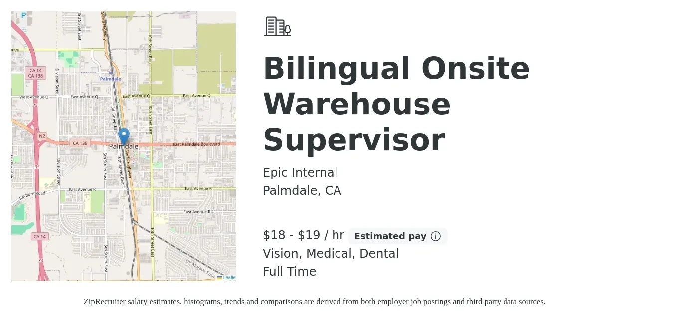 Epic Internal job posting for a Bilingual Onsite Warehouse Supervisor in Palmdale, CA with a salary of $19 to $20 Hourly and benefits including vision, dental, medical, and retirement with a map of Palmdale location.