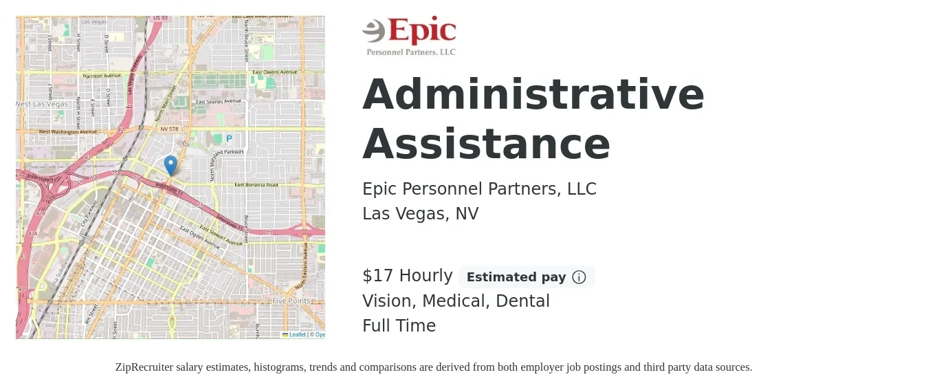 Epic Personnel Partners, LLC job posting for a Administrative Assistance in Las Vegas, NV with a salary of $18 Hourly and benefits including dental, medical, pto, and vision with a map of Las Vegas location.