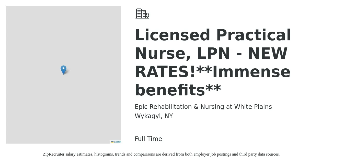 Epic Rehabilitation & Nursing at White Plains job posting for a Licensed Practical Nurse, LPN - NEW RATES!**Immense benefits** in Wykagyl, NY with a salary of $27 to $36 Hourly with a map of Wykagyl location.